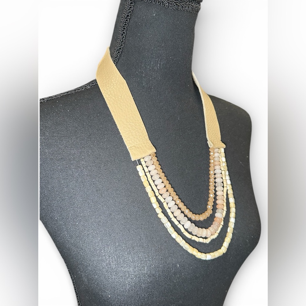Neutral Layered Beaded Statement Necklace - Picture 3 of 6